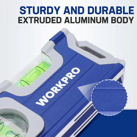 Hustle Ready Mini Magnetic Pocket Level Featuring High Visibility Bubbles And Precision Convex Lens For Dead On Readings Crafted From Rugged Aluminum Alloy In Sharp Cobalt Blue A Real Deal Shop Floor Staple Contractors Love close-up of blue extruded aluminum body and bubble vial.