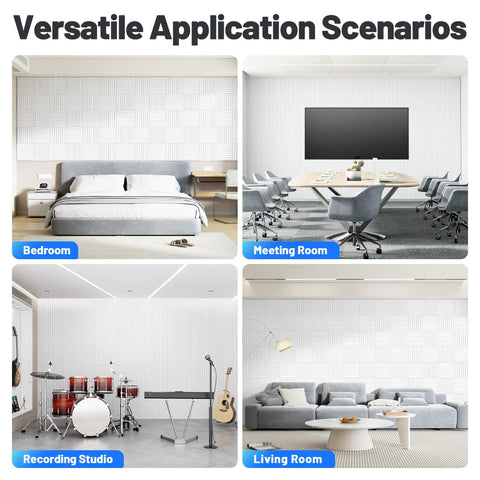 Heavy Duty Sound Proof Foam Panels For Walls Self Adhesive Acoustic Tiles used in bedroom, meeting room, studio, and living room settings.