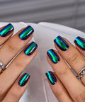 CurvLife Short Square Chrome Press On Nails With Electric Mirage Colorful Finish on hands, showcasing a glossy, durable manicure.