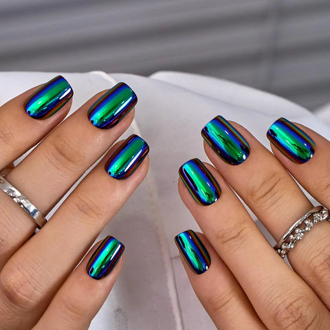 CurvLife Short Square Chrome Press On Nails With Electric Mirage Colorful Finish on hands, showcasing a glossy, durable manicure.