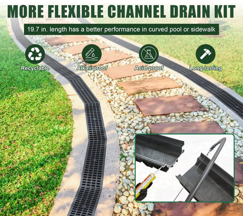 HDPE Channel Drain With Grates Two Pack 19.7x5.5x3.7 Inch Trench Drain System installed in outdoor yard path