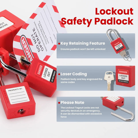 Red OSHA Compliant Lockout Tagout Padlock Set With 10 Keyed-Different Locks And 20 Keys for electrical and machinery safety
