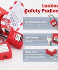 Lockout Tagout Locks Set Of Five Red OSHA Compliant Safety Padlocks highlighted key retaining, laser coding features.