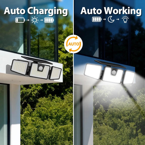 Beefy Three Head Solar Motion Sensor Flood Light Outdoor Waterproof 3000 Lumen 156 LED Security Spotlight installed on wall