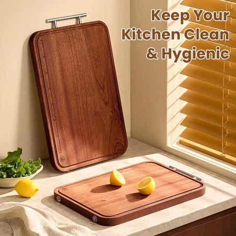 Heavy Duty Solid Wood Router Jig For Cutting Boards, Adjustable Inch Scale Guide on countertop with lemon slices and lettuce.