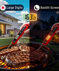 1 Second Instant Read Digital Meat Thermometer With Plus Or Minus 0.9 Fahrenheit Accuracy Waterproof Backlit Kitchen Probe in use grilling steak.