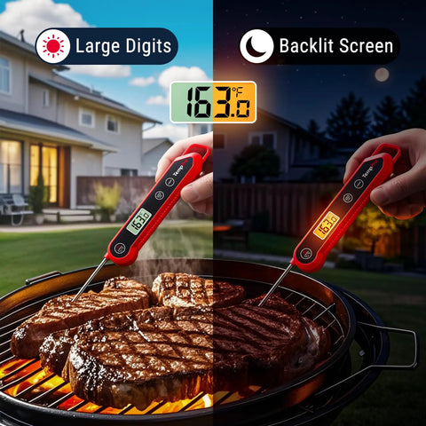 1 Second Instant Read Digital Meat Thermometer With Plus Or Minus 0.9 Fahrenheit Accuracy Waterproof Backlit Kitchen Probe in use grilling steak.