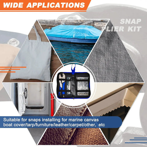 Marine Snap Fasteners Kit With 60 Stainless Steel 15mm Snaps And Pliers for boat covers, tarps, canvas, leather, and fabric.
