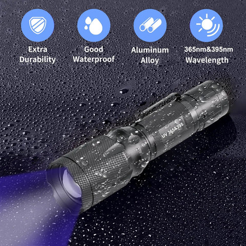 Dope Dual 365nm 395nm UV Flashlight Handheld Black Light Torch on wet surface showing features