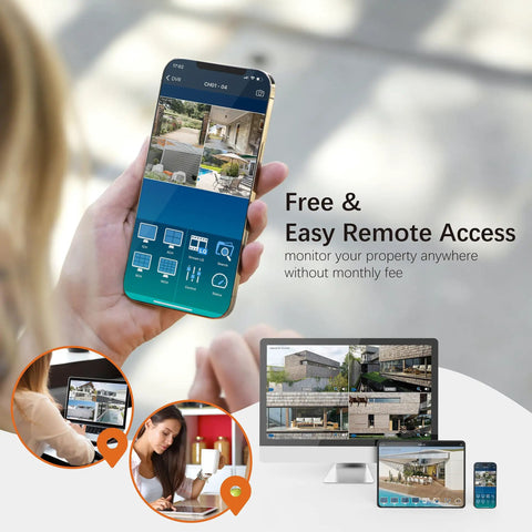 Woman using smartphone for remote security access with Super HD 1080P 8 Channel Hybrid 5 In 1 DVR Security Recorder, screens visible.