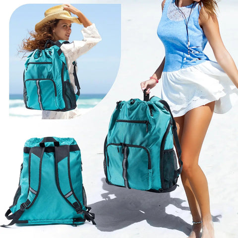 Oversized Beach Backpack With Sandproof Bottom And Waterproof Shell at beach with drawstring opening and detachable mesh pocket
