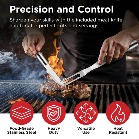 Grilling with Heavy Duty Stainless Steel 30 Piece Grill Set With Meat Thermometer Case And Apron Perfect For Outdoor Barbecues Dad Gift Fathers Day Gift Includes Tongs Fork Knife Basting Brush Grill Brush Skewers Corn Holders And More.