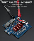8-Piece Multimeter Test Leads Kit With Alligator Clips and Probes connected to a blue circuit board with clear view of insulation.