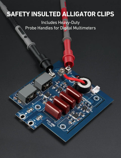 8-Piece Multimeter Test Leads Kit With Alligator Clips and Probes connected to a blue circuit board with clear view of insulation.