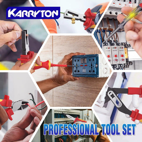 Pro Grade 1000V Insulated Electrician Tool Set 14 Piece VDE Certified Heavy Duty tools in use with hands and electrical components.