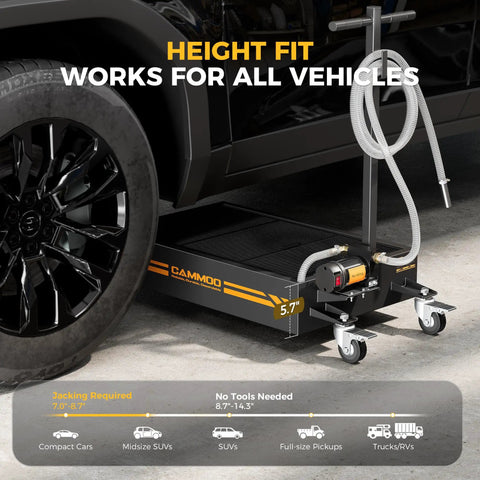 Garage Ready Heavy Duty Electric Oil Drain Pan With Built In Pump, Badass 15 Gallon Steel Fluid Recovery Tank For Pro Shops And Weekend Mechanics, Matte Black, shown under a vehicle.