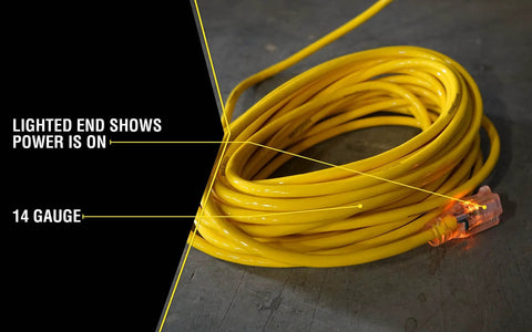 Heavy Duty Outdoor Extension Cord With Lighted End, 14 Gauge SJTW Jacket, 25 Foot, coiled on floor, showing lighted end