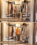 Industrial Pipe Wall Mounted Garment Rack With Walk In Closet System, Four Expandable Rods And Six Adjustable Shelves
