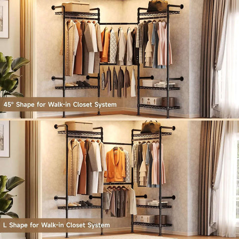 Industrial Pipe Wall Mounted Garment Rack With Walk In Closet System, Four Expandable Rods And Six Adjustable Shelves