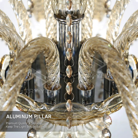 Close-up of 10-Light Crystal Chandelier In Cognac Champagne Finish With K9 Crystal Beads, showing aluminum pillar details