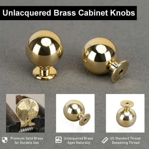 10 Pack Unlacquered Brass Cabinet Knobs And Pulls Set, Solid Brass Hardware With Living Finish, Naturally Patina Aging, Polished Gold Look, Subtle Color Variations, Fingerprint Friendly, Ideal For Kitchen, Bath, And Furniture Cabinets. Two brass cabinet knobs