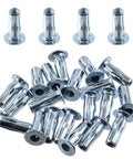 Twenty Piece M4 Metric Carbon Steel Rivet Nuts Kit With White Zinc Plating, multi grip bulbed shank flat head on display