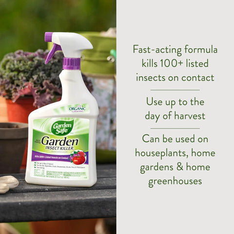 Organic Garden Insect Killer Spray For Home Gardens And Greenhouses Kills 100 Plus Listed Pests On Contact Safe For Use Up To Day Of Harvest 32 Fluid Ounces bottle on garden table