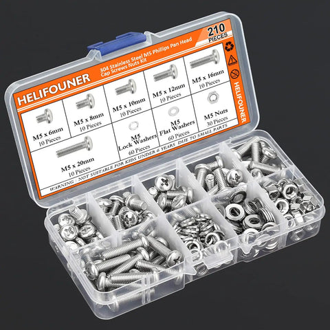 Kickass 304 Stainless Steel Metric Screw Kit With Phillips Pan Head Bolts M5 X 6mm 8mm 10mm 12mm 16mm 20mm Matching Hex Nuts And Lock Washers, organized in clear storage container.