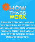 Promotional graphic for How Things Work with gears and text on blue background.