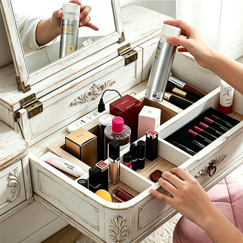Open white drawer with cosmetics next to 270 Degree Three Fold Half Surface Hinges Set Dope Durable Iron Retro Cabinet Hinges in bronze.