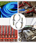 Heavy Duty T Bolt Hose Clamp Kit 16 Pack With Reinforcement Spring, Stainless Steel, displayed with automotive hoses