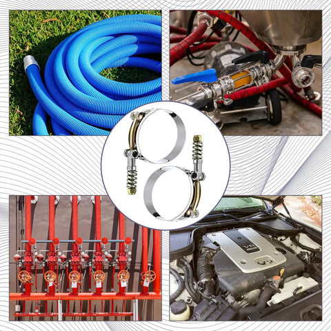 Heavy Duty T Bolt Hose Clamp Kit 16 Pack With Reinforcement Spring, Stainless Steel, displayed with automotive hoses