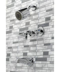 NuvoFusion Three Handle Tub And Shower Faucet With Five Inch Tub Spout Polished Chrome Finish Washerless Cartridge Heavy Duty Brass And Zinc Alloy Construction Two GPM Shower Head At 80 PSI installed on tiled wall