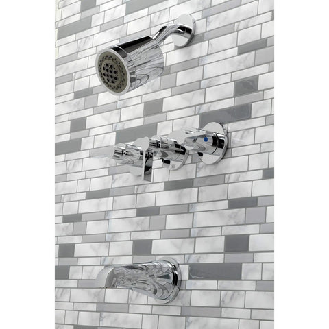 NuvoFusion Three Handle Tub And Shower Faucet With Five Inch Tub Spout Polished Chrome Finish Washerless Cartridge Heavy Duty Brass And Zinc Alloy Construction Two GPM Shower Head At 80 PSI installed on tiled wall
