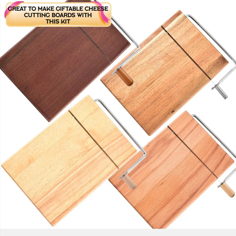 Top Shelf Cheese Slicer Kit With Kickass Stainless Steel Wires And Slick Wood Handles Plus Assembly Hex Key And Replacement Parts For Nifty DIY Cheese Board Crafting Sets, featuring various wood cutting boards.