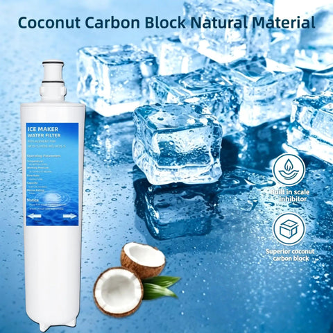 No Gimmicks 3M High Flow Water Filter Replacement 3 Pack Compatible With Hf20 And Hf25 Coconut Carbon Ice Maker Cartridge near ice cubes.