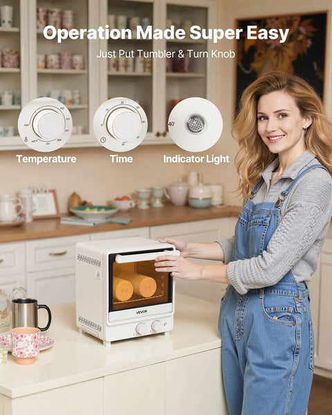 User operates 13Quart Sublimation Oven for 20Oz Tumblers with easy controls in a cozy kitchen setting.