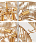 Close-up views of Six Light Hand Woven Rattan Pendant With Four Round Brass Frame Spheres, Transitional Boho Large Hanging Light