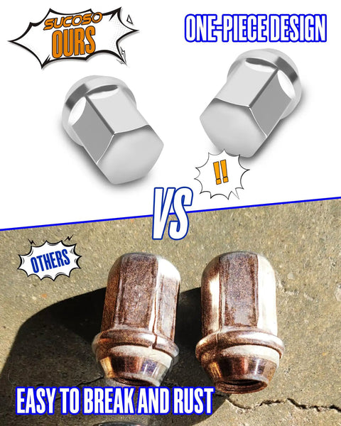 Comparison of M14x1.5 Chrome Lug Nuts Set Of 20 One Piece Conical Seat OEM Replacement against rusty alternatives