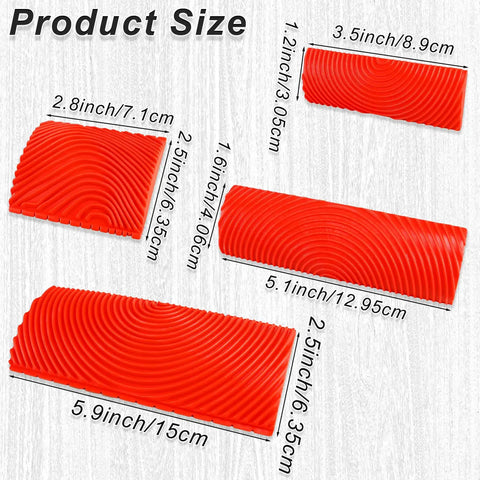 Five Piece Soft Rubber Wood Graining Tools Set showcasing size dimensions for DIY painting, knurling pattern brushes.