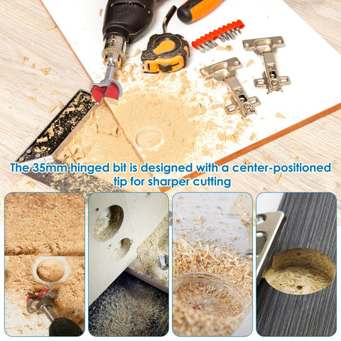 Concealed Hinge Jig for 35mm Hinge Drilling Guide Woodworking with Adjustable Bit and Hex Wrench, showcasing clean drilled holes