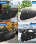 Heavy Duty Tricycle Cover For Adults Weatherproof Outdoor Storage Shield For 75 Inch Long Three Wheeled Bikes Fits Mountain Road Cruiser And Some E Bikes Oxford Cloth Dustproof And Waterproof, black cover shown in rain, sun, wind and snow