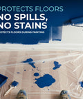 Painter using roller with 12 Pack 9x12 Foot Plastic Drop Cloths For Painting And DIY Projects, protecting floor from spills.