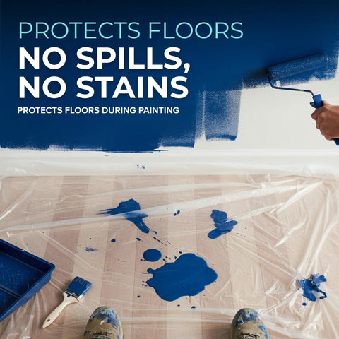 Painter using roller with 12 Pack 9x12 Foot Plastic Drop Cloths For Painting And DIY Projects, protecting floor from spills.