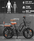 Two Seater Fat Tire Electric Bike With 1000W Peak Motor Up To 60 Mile Range Large Removable Battery 20 Inch All Terrain E Bike For City Commutes And Weekend Rides, side view with dimensions