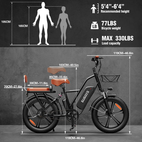 Two Seater Fat Tire Electric Bike With 1000W Peak Motor Up To 60 Mile Range Large Removable Battery 20 Inch All Terrain E Bike For City Commutes And Weekend Rides, side view with dimensions