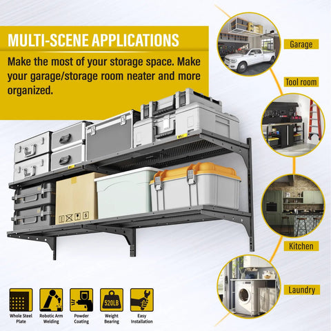 Two Pack Heavy Duty Wall Mounted Garage Shelves, Two Tier 1.3x3ft Units With 15.6x36 Inch Per Shelf, Adjustable Floating Storage