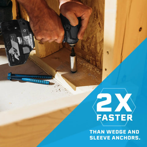 Heavy-Duty Hex Head Concrete Anchors 5/16 X 2-1/4 Inch, 15 Pack, Blue Climaseal Coating, shown being used on wood.