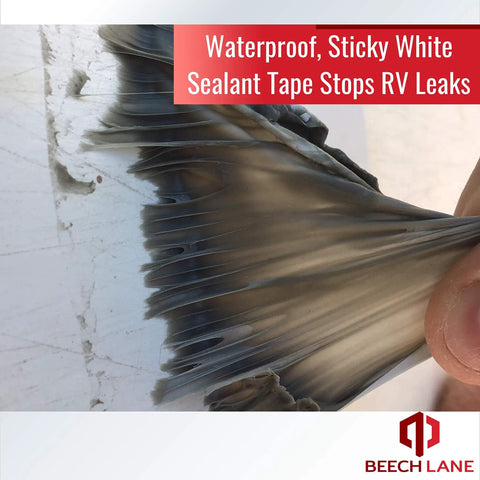 Hand peeling RV Roof Repair Tape 4 Inch By 50 Foot No Fuss Permanent Leak Stop For Campers And Travel Trailers on white surface