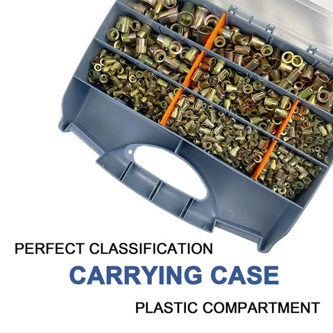Pro Grade 860Pcs Rivet Nut Kit With SAE UNC Rivet Nuts Assortment in organized case showing zinc-plated carbon steel nuts.